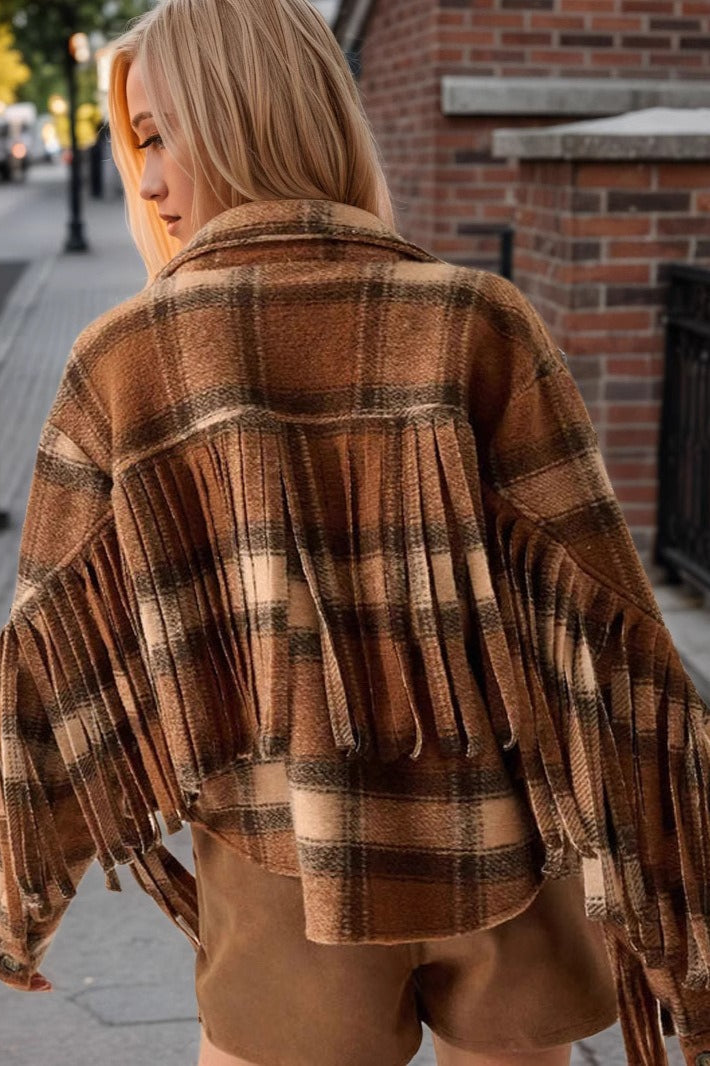 Elegant Plaid Wool Short Coat with Stylish Side Fringes