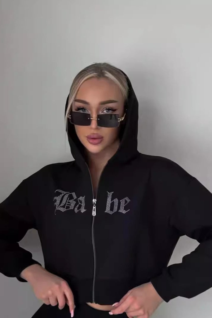 Rhinestone Zipper Hoodie - Fashionpara