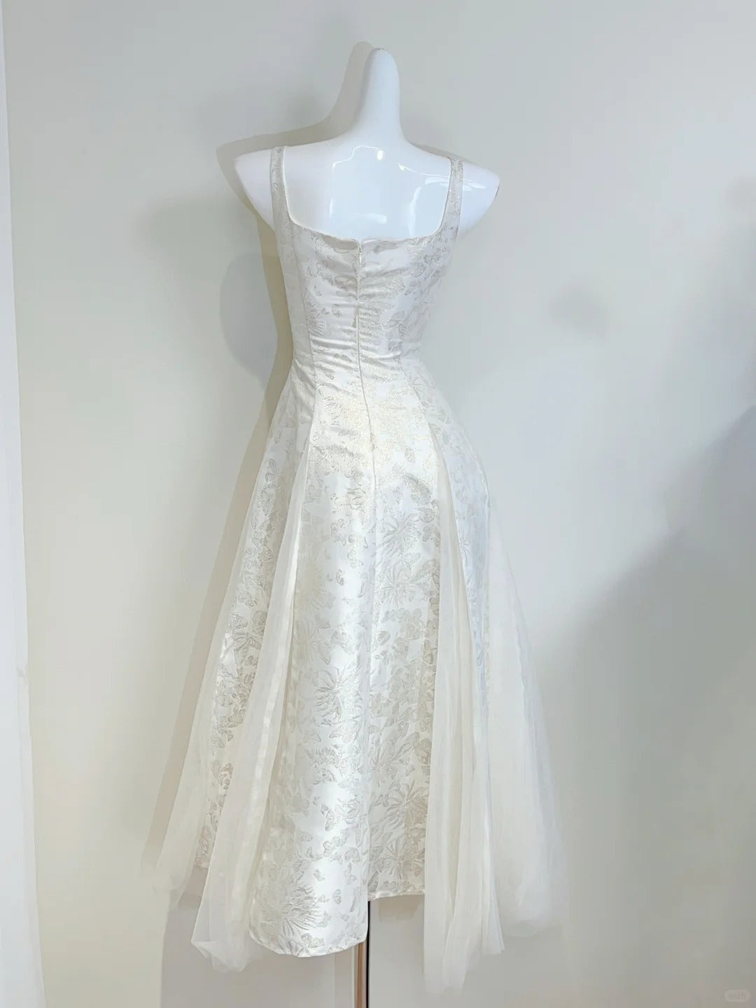 Retro Palace Ivory A-line Square Neck Strap Jacquard Tulle Prom Dress Evening Dress P4071