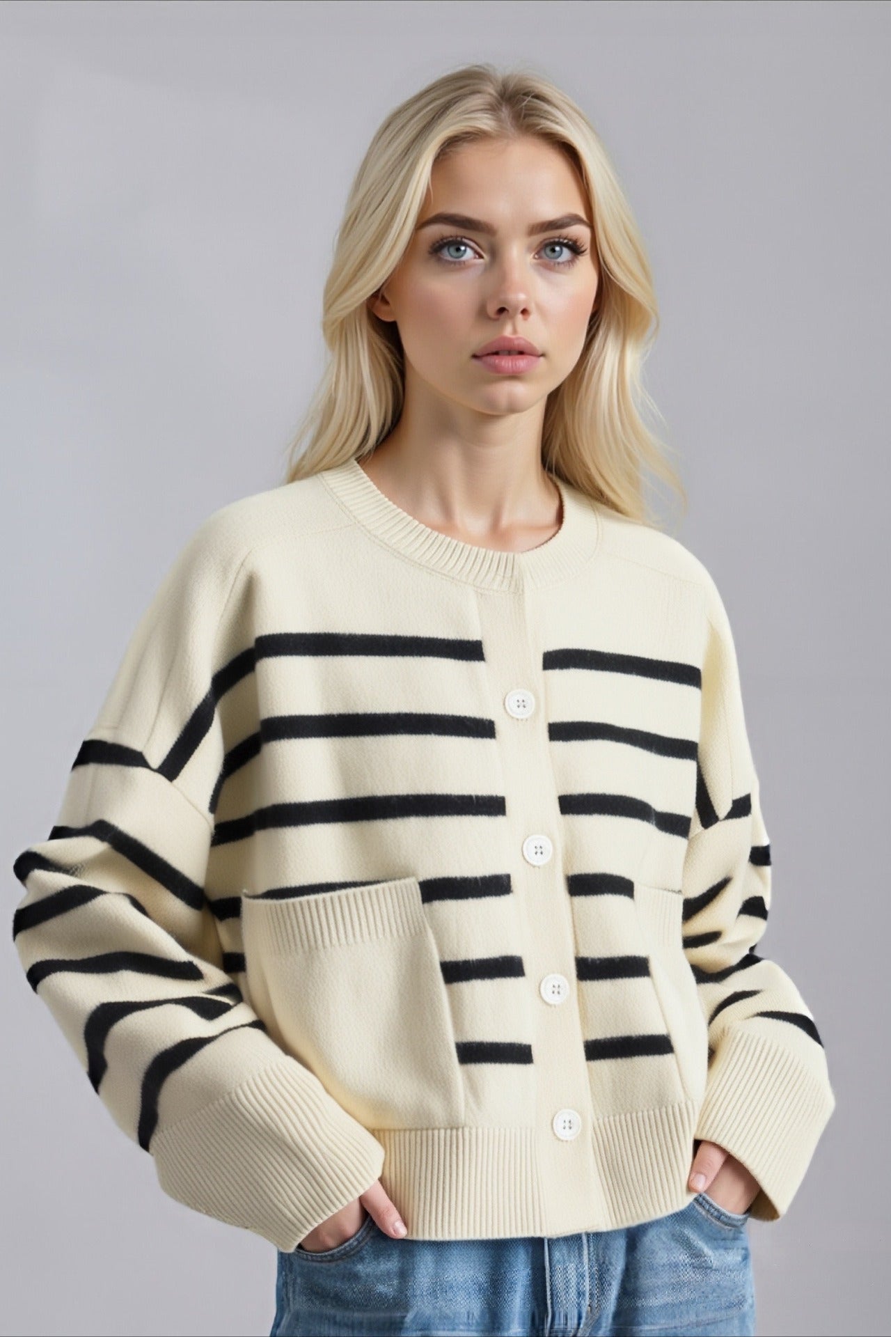 Striped Knit Cardigan with Button Pockets for Effortless Style