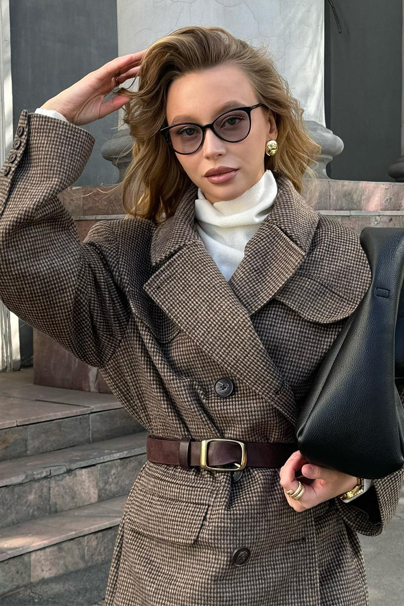 Houndstooth Wool Double Breasted Mid Length Trench Coat