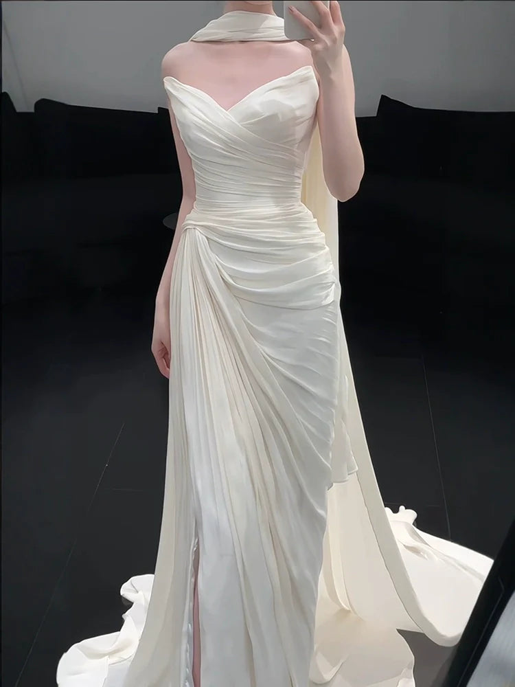 Strapless Pleat Long Wedding Dress Evening Party Dresses