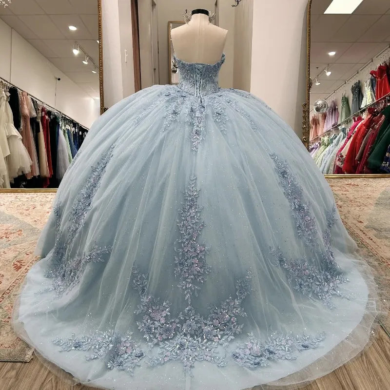 Sparkly Light Blue Quinceanera Dress Cape Flower Lace Vestidos de 15 Anos Birthday Party Princess Ball Gown - Fashionpara
