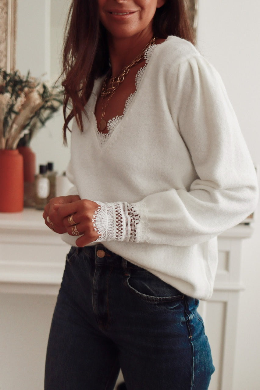 Lace Panel Pullover Long Sleeve Blouse 2