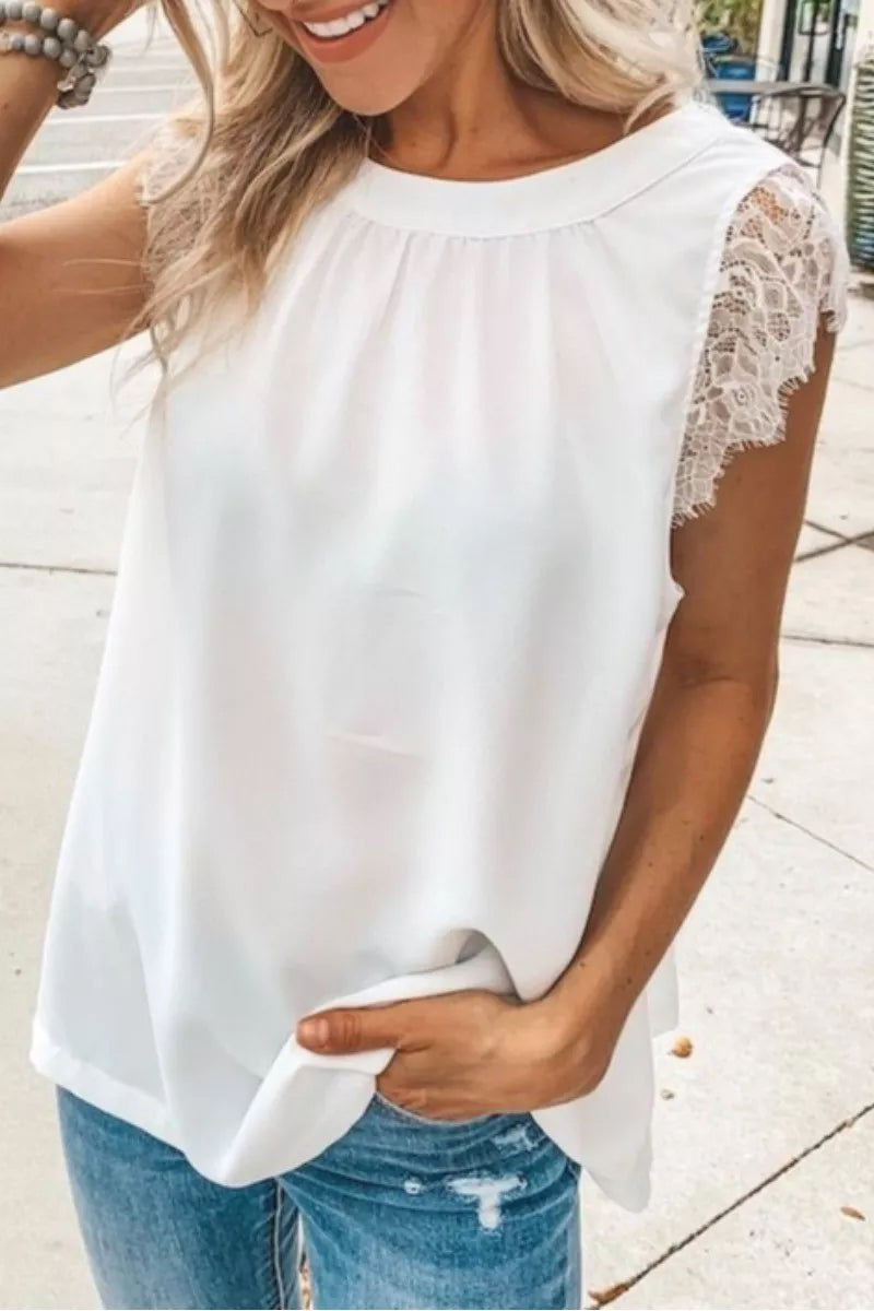 Lace Hem Design Solid White Blouse  Fashionpara
