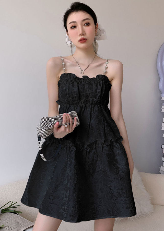 Jacquard Spaghetti Strap Pearl Rhinestone Ruffle Neck Mini Dress