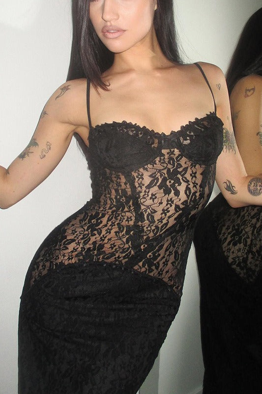 Sheer Plunge Neck Slip Dress