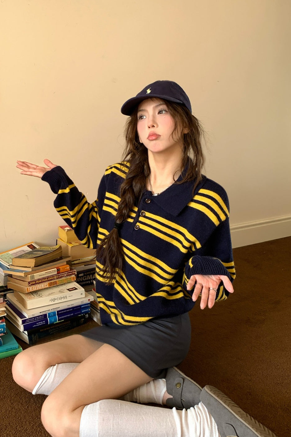 Stripe Polo Collar Relaxed Sweater