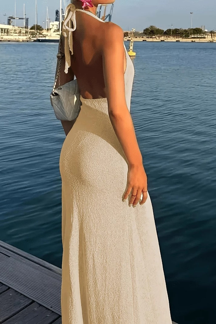 Deep V Neck Backless High Split Knit Maxi Boho Dress - Fashionpara