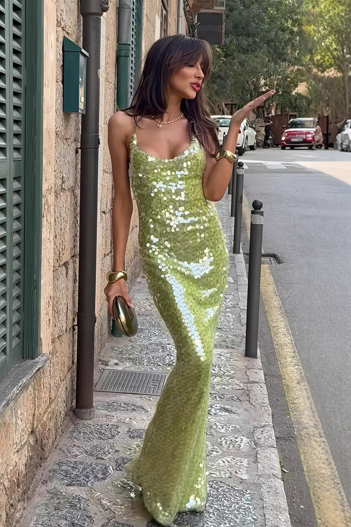 Sequin Cowl Neck Spaghetti Strap Slip Maxi Dress