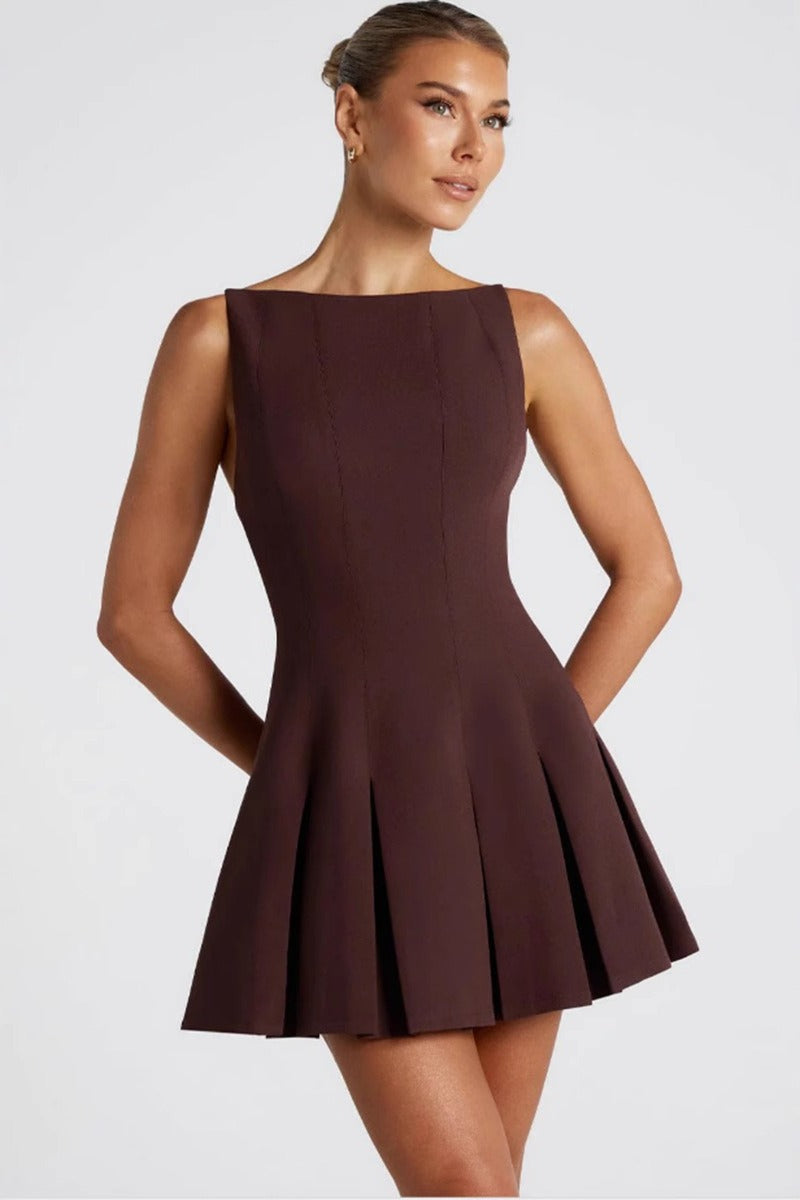 Boat Neck Sleeveless Knife Pleat A-Line Mini Cocktail Dress