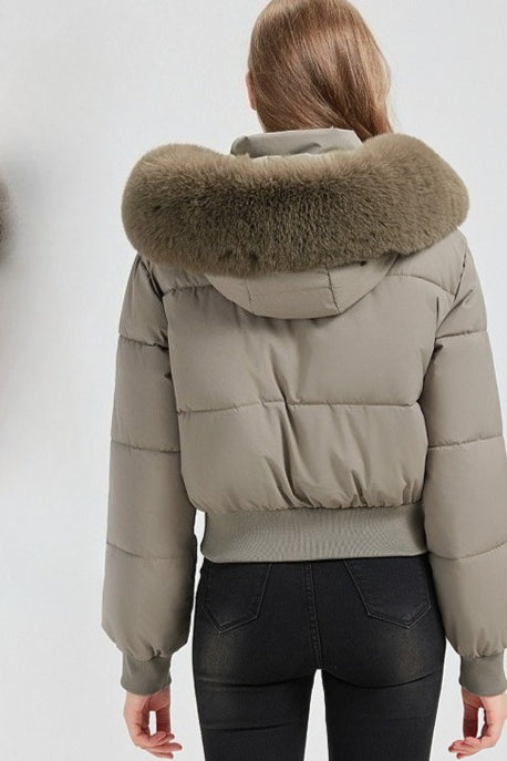 Quilted Cropped Faux Fur Collar Coat - Fashionpara