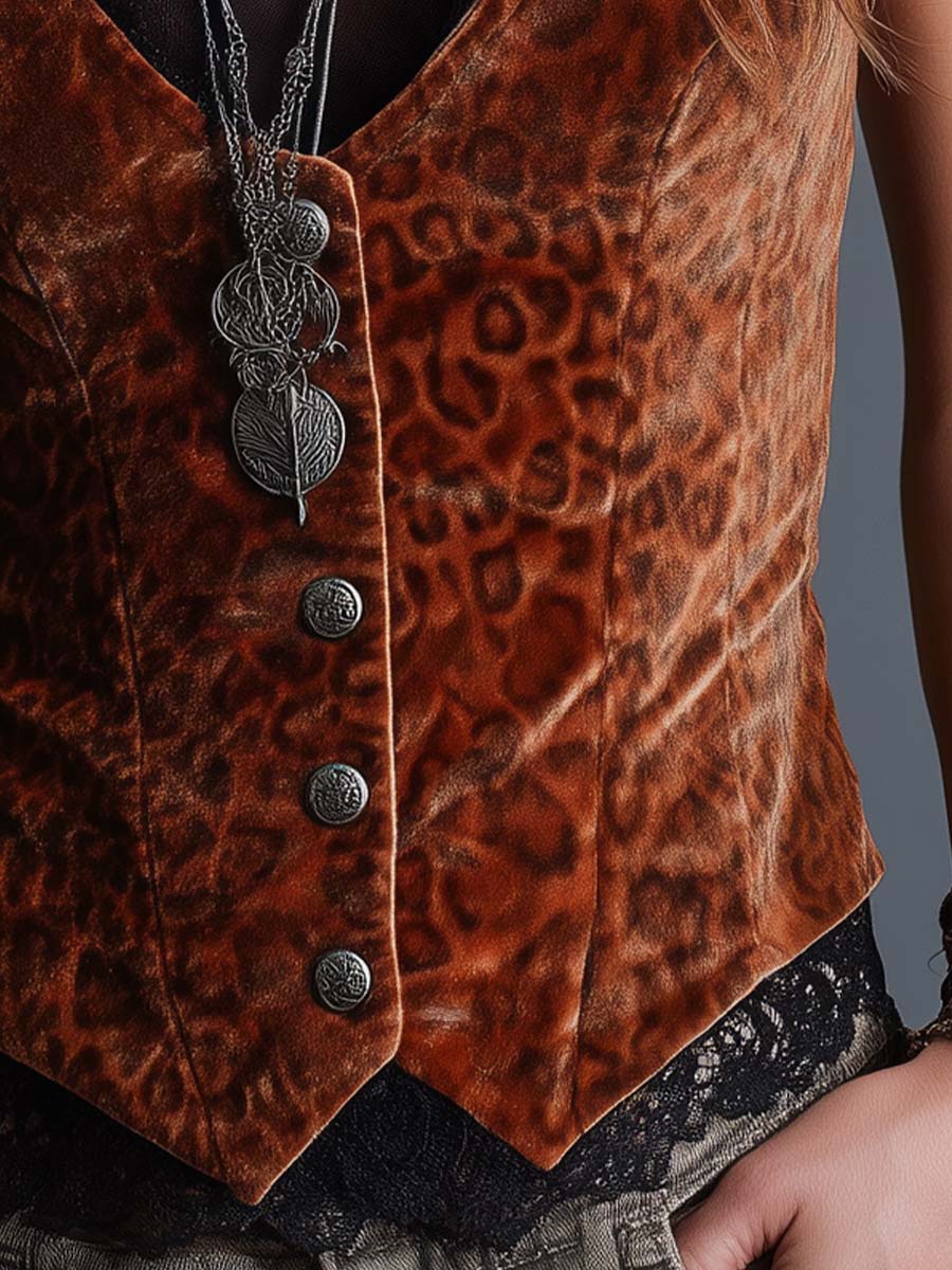 Caramel Velvet Leopard Lace Button Vest - Fashionpara