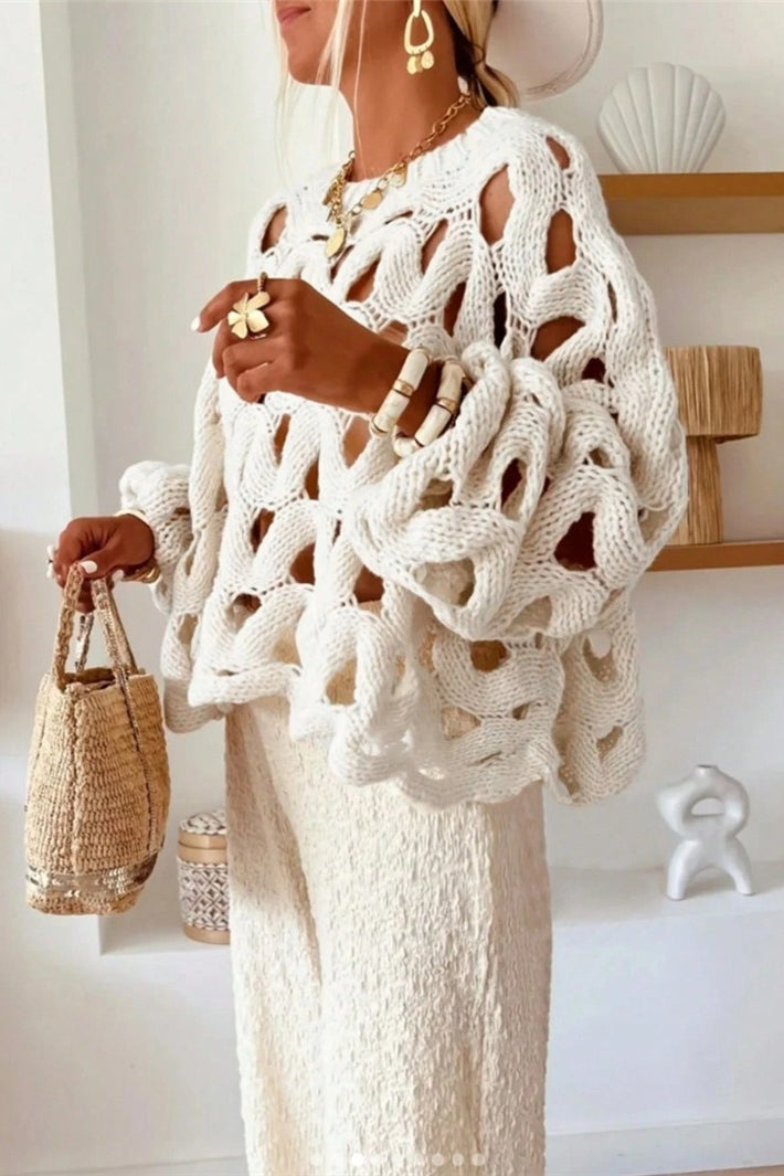 Openwork Leaf Texture Crew Neck Knit Sweater 2