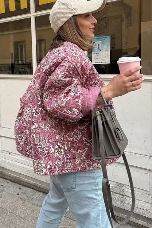 Floral Print Padded Coat with Crew Neck for Stylish Warmth