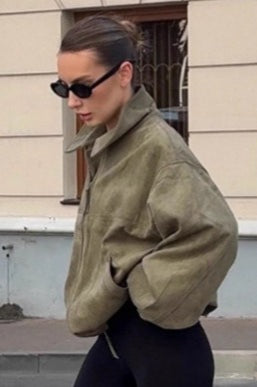 Green Suede Lapel Casual Jacket