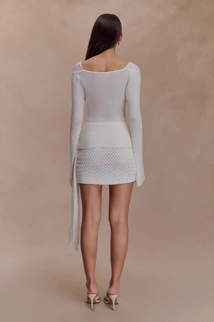 PrincessAce Chic Waist-Cinched U-Neck Lace-Knit Sweater