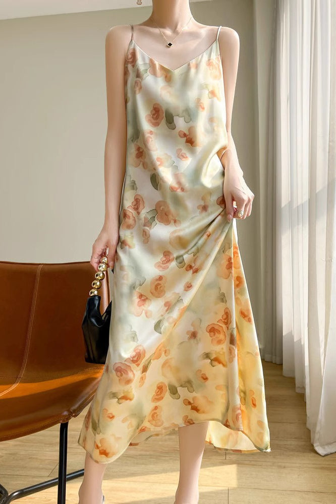 Printed V-Neck Satin Cami Maxi Silk Dress
