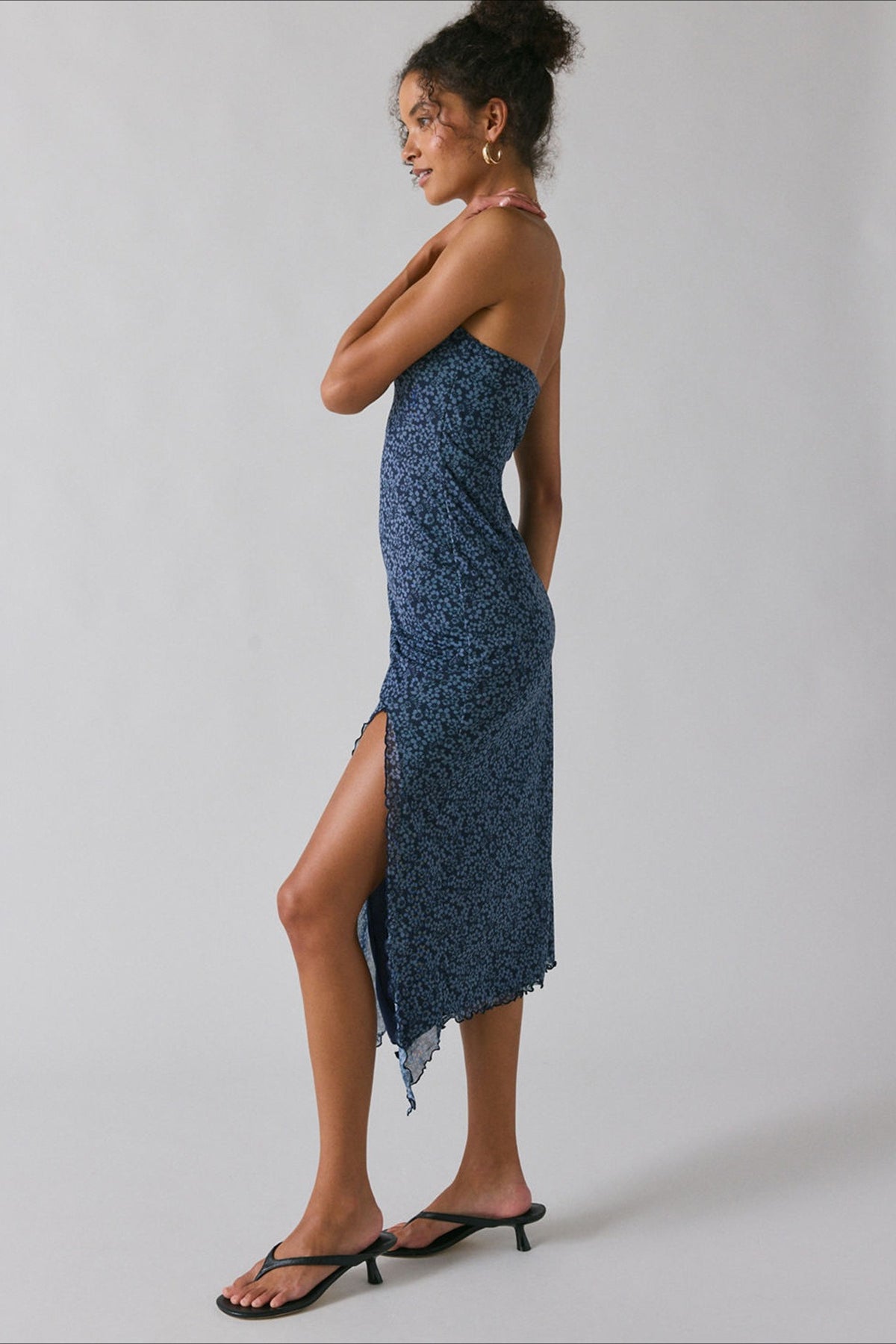 Gradient Print Mesh Strapless High Split Bias Midi Dress
