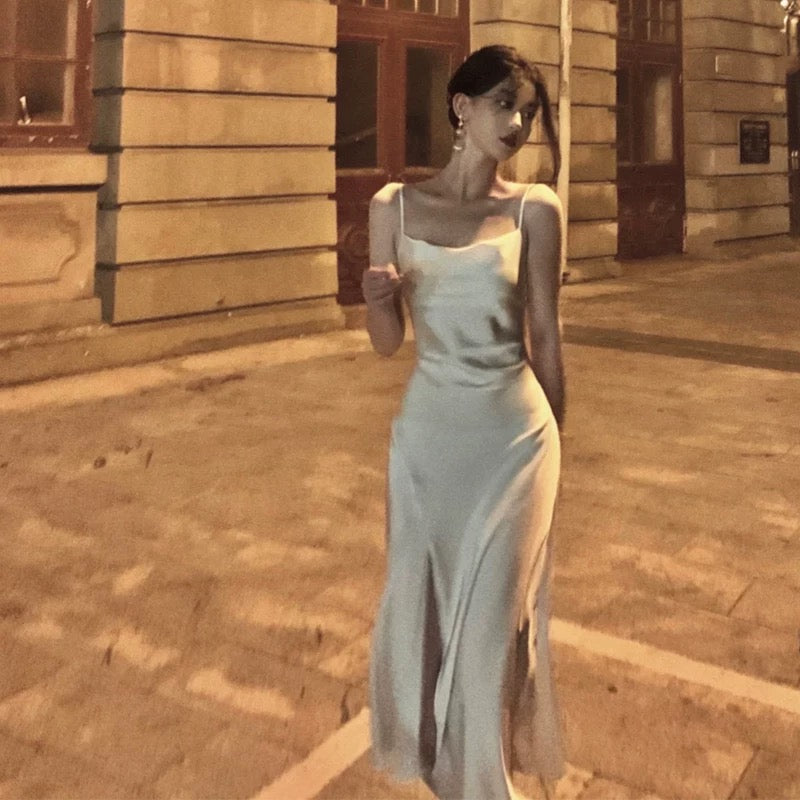 Retro A Line Spaghetti Straps Satin Party Dress Prom Dresses SD1382