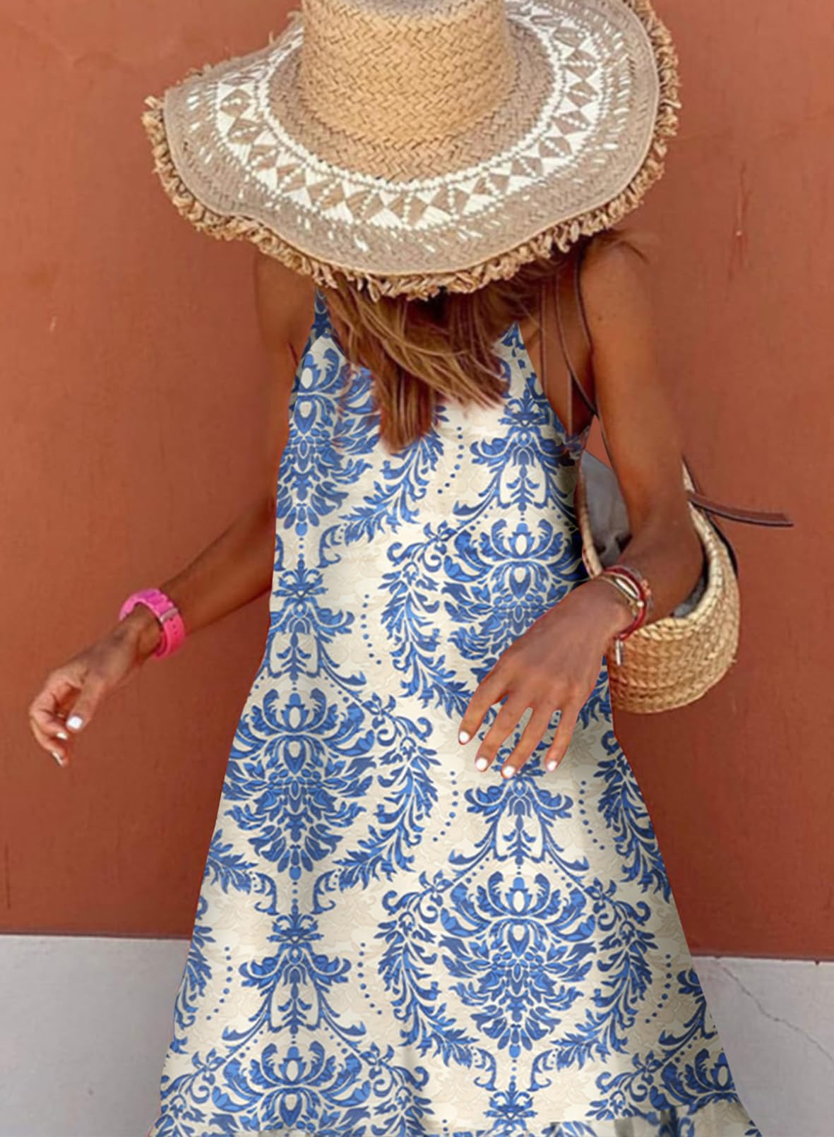 Spaghetti Strap Scoop Neck Smocked Ruffle Flowy Boho Maxi Dress - Fashionpara