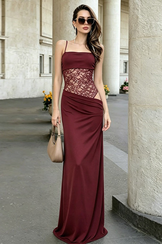 Straight-Neck Spaghetti Strap Lace Corset Bodycon Maxi Dress