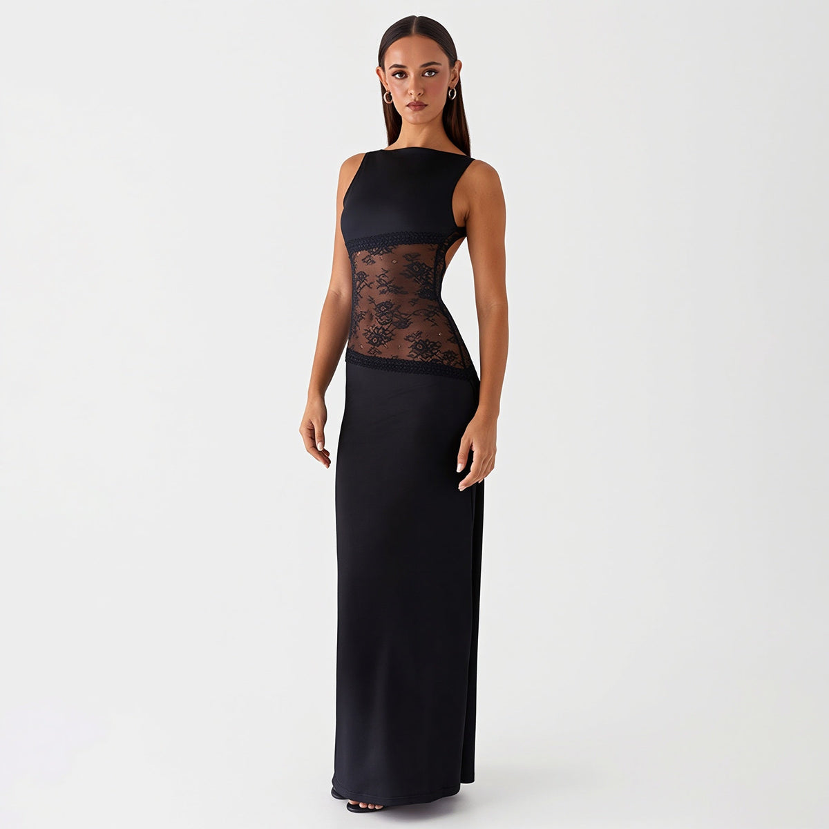 Lace-Panel High Neck Sheer Bodycon Maxi Dress 10