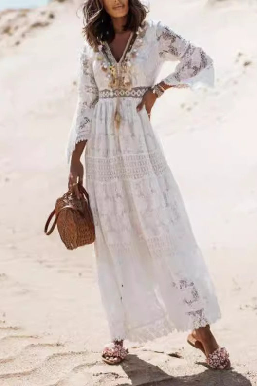 Crochet Lace V-Neck Bell Sleeve Slit Maxi Dress
