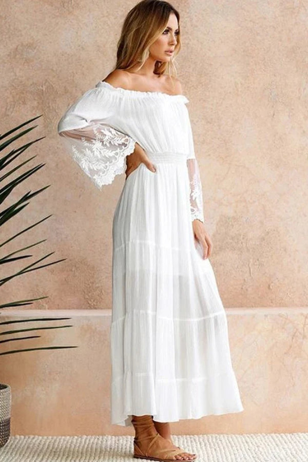 Lace Off Shoulder Long Sleeve Tiered Maxi Dress 3