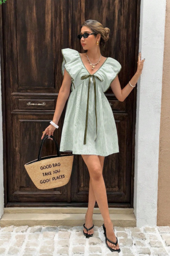 Striped V-Neck Ruffle Bow Babydoll Mini Dress 12