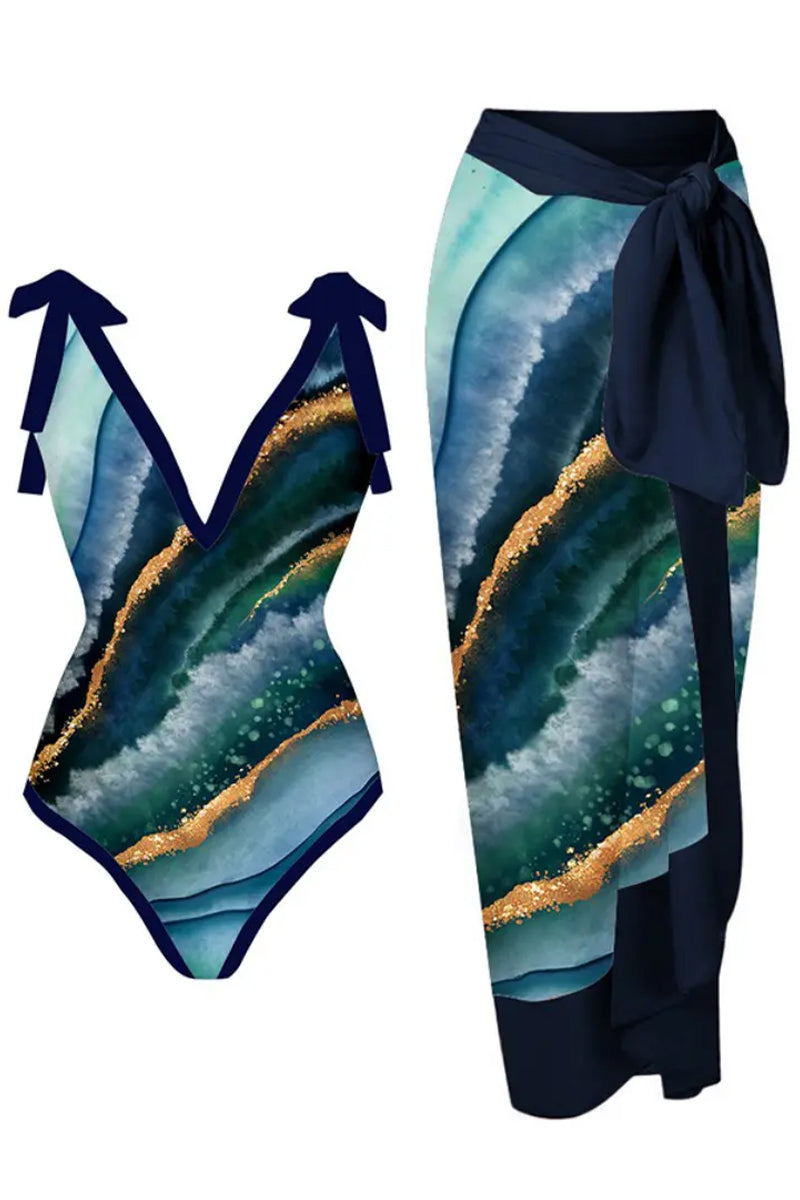 Marble Print Tied Detail One Piece Swimsuit With Cover Up - Fashionpara
