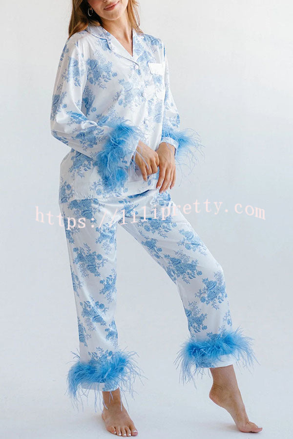 Sweet Daydreamer Floral Printed Feather Trim Elastic Waist Pocketed Pajama Set - Fashionpara
