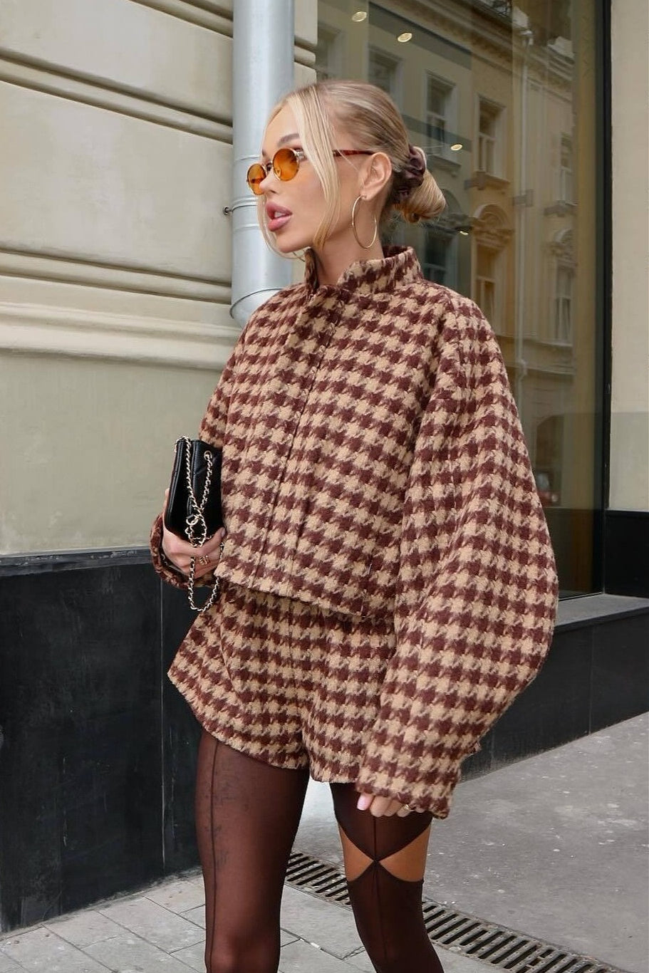 Vintage Houndstooth Zip Jacket and Shorts Two Piece Set