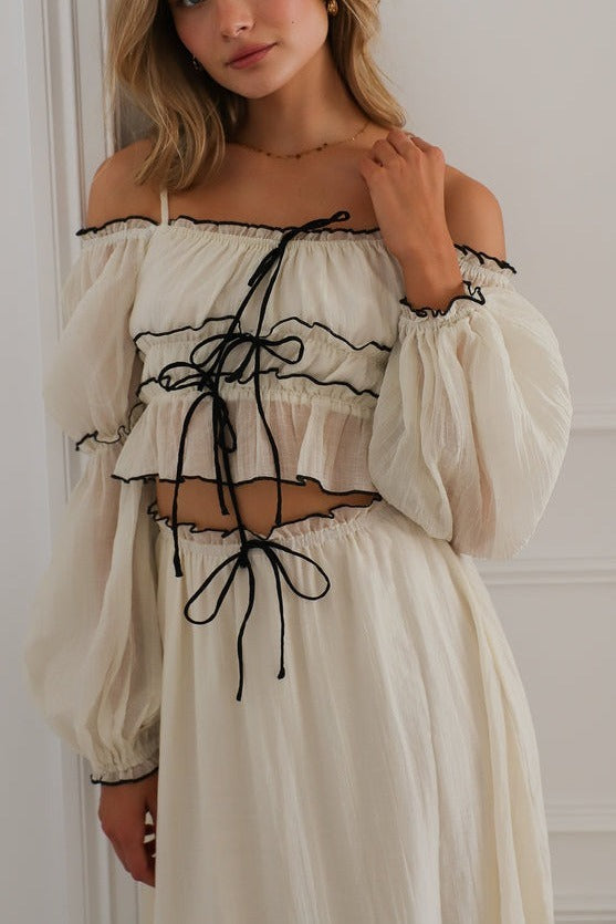 Apricot Off Shoulder Puff Sleeve Skirt Set