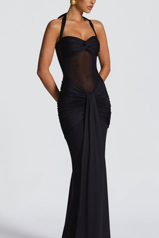Halter Twist-Front Mesh Panel Ruched Mermaid Gown