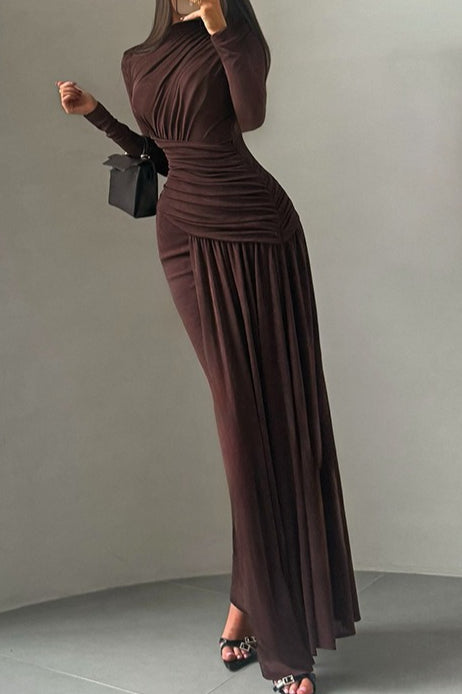 High Neck Long Sleeve Ruched Column Maxi Dress