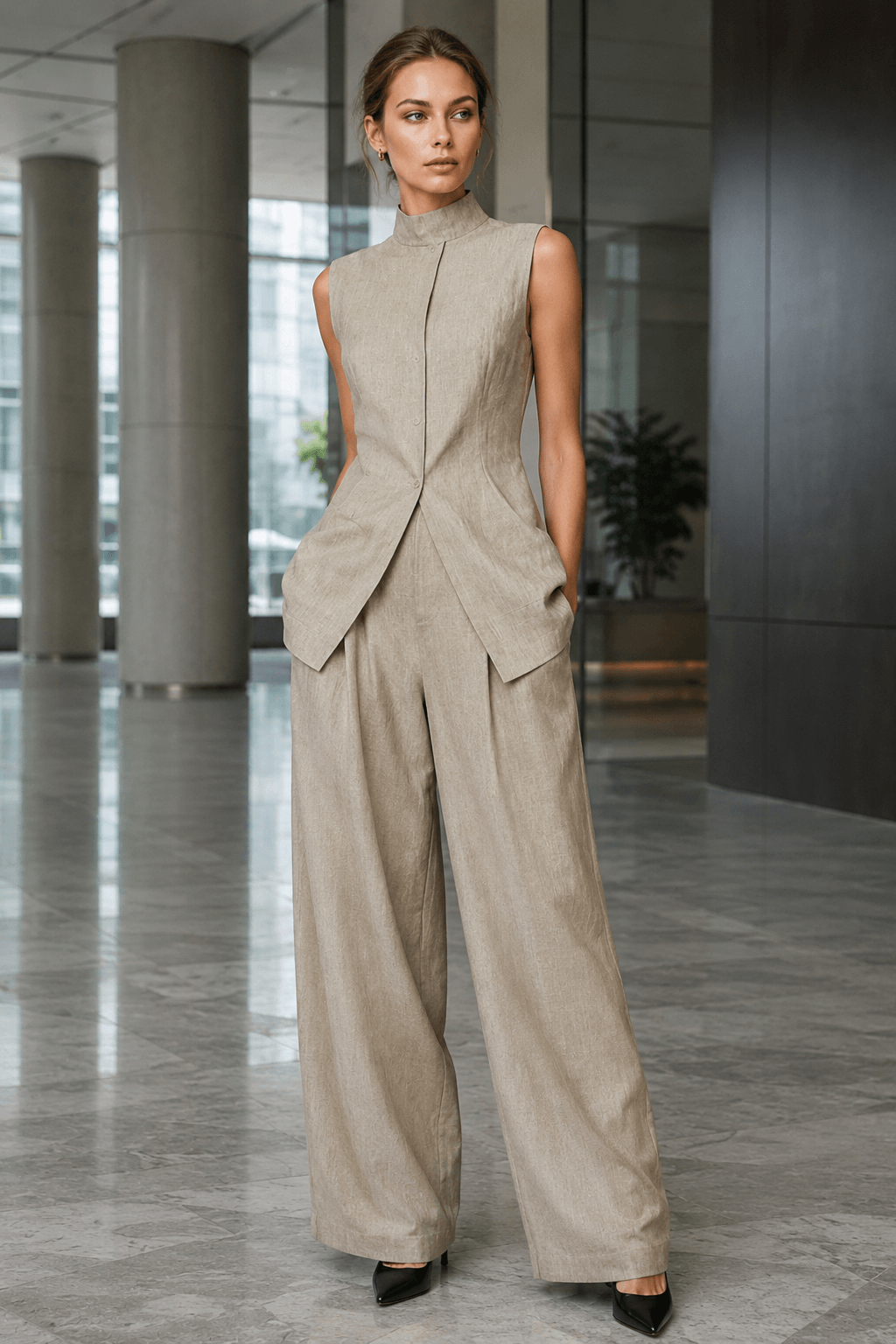 Drape Sleeveless Shirt Two Piece Work Set