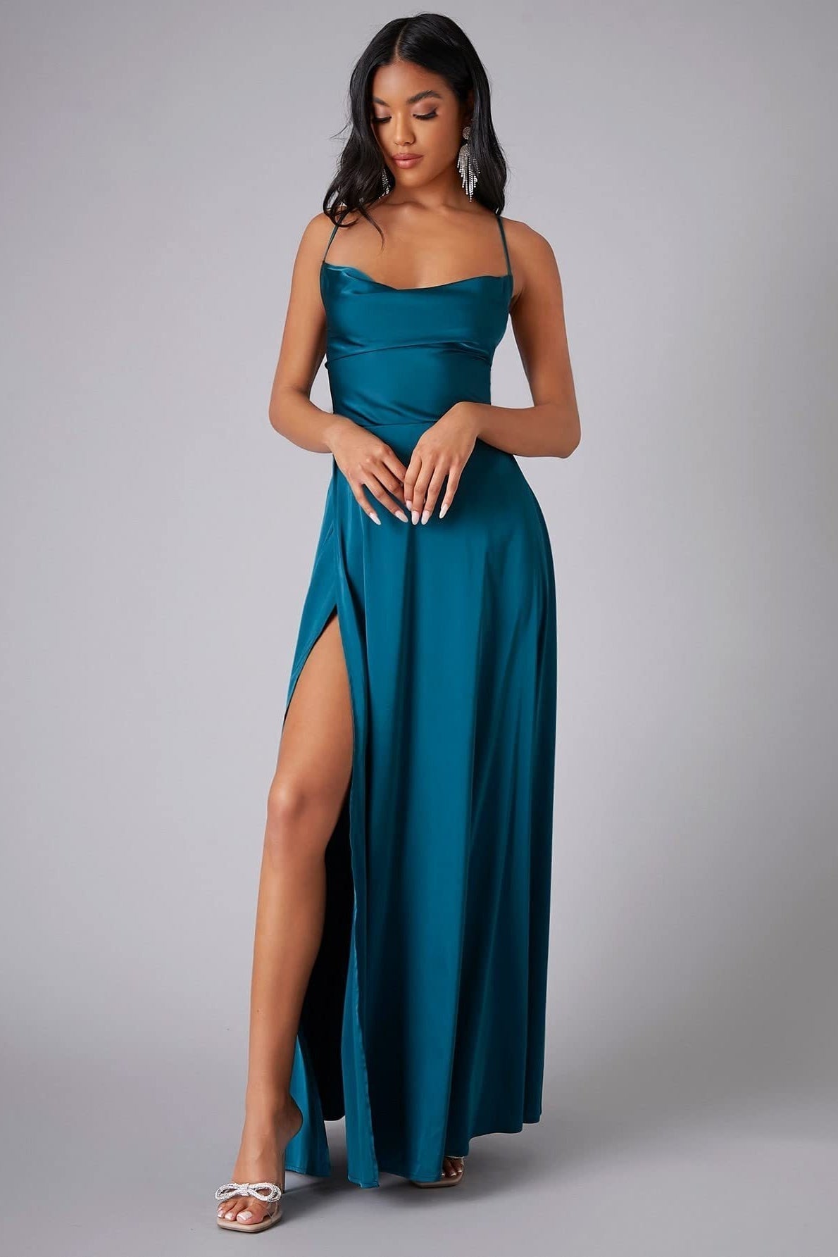 Satin Cowl Neck Spaghetti Strap High Split Maxi Formal Dress - View 13