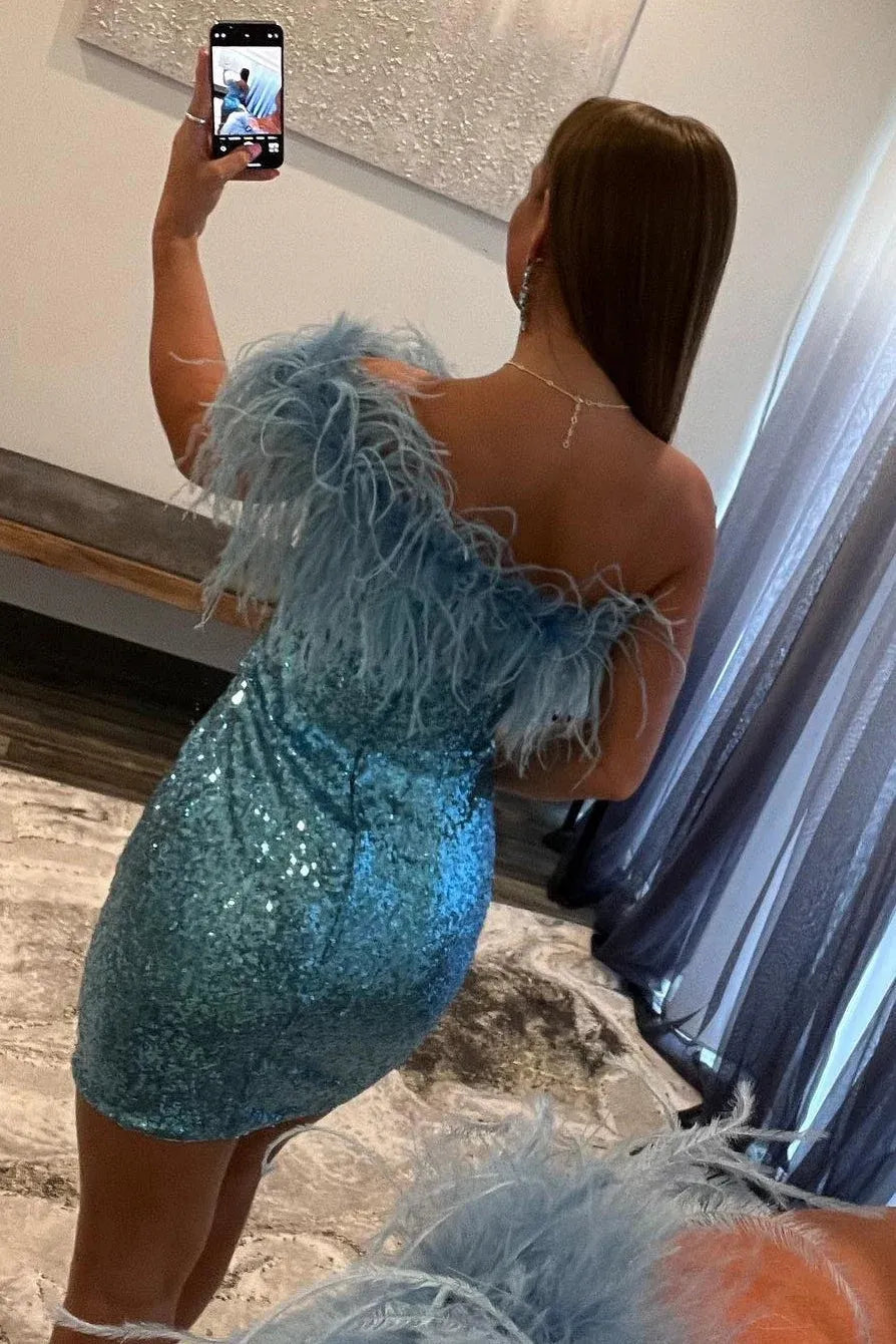 Glitter One-Shoulder Sequins Homecoming Dress With Feather - Fashionpara