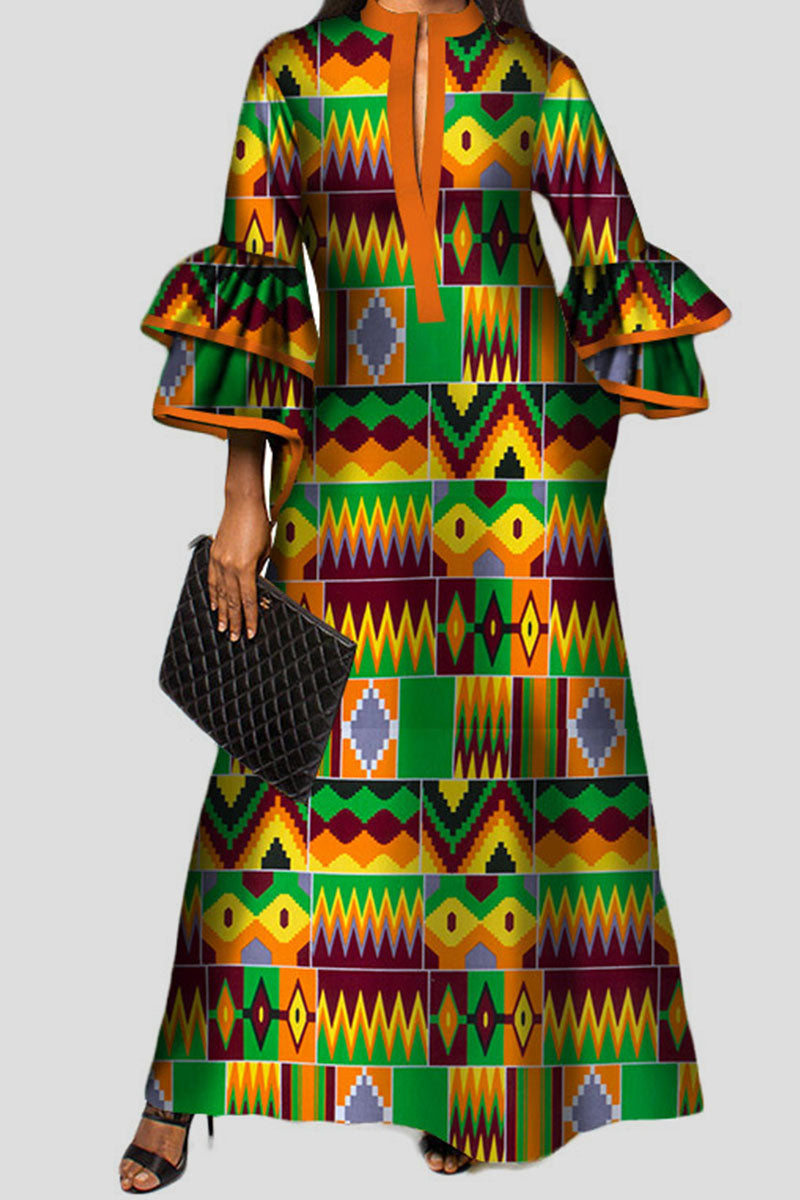 Vintage Print Patchwork V Neck A Line Dresses Fashionpara