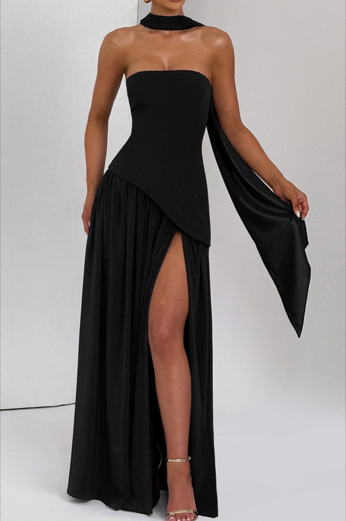 Strapless Choker Neck Asymmetric High-Slit Maxi Dress