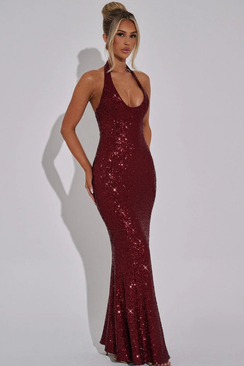 Rhinestone Halter Bodycon Party Dress - Fashionpara