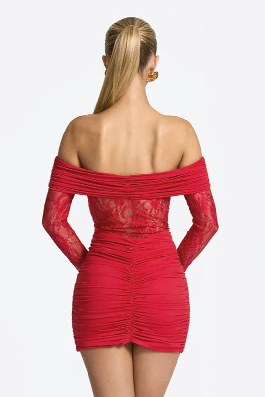 Off-Shoulder Lace Sleeve Ruched Bodycon Mini Dress