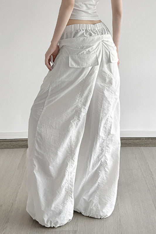 White Drawstring Wide-Leg Cargo Pant