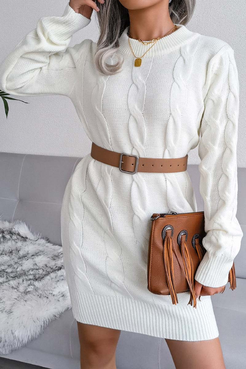 Solid Cable-knit Round Neck Sweater Dress  Fashionpara