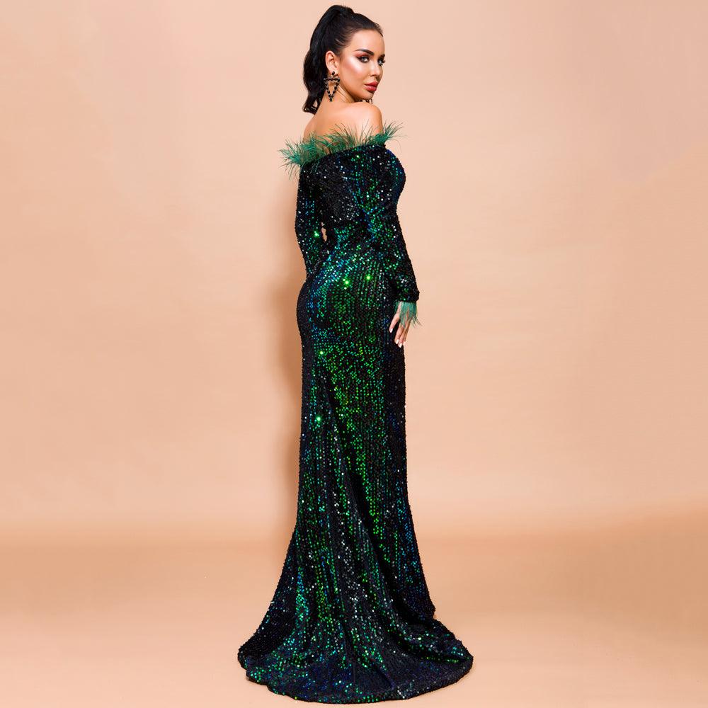 Emerald Green Feathered Mermaid Sequins Dress - Fashionpara