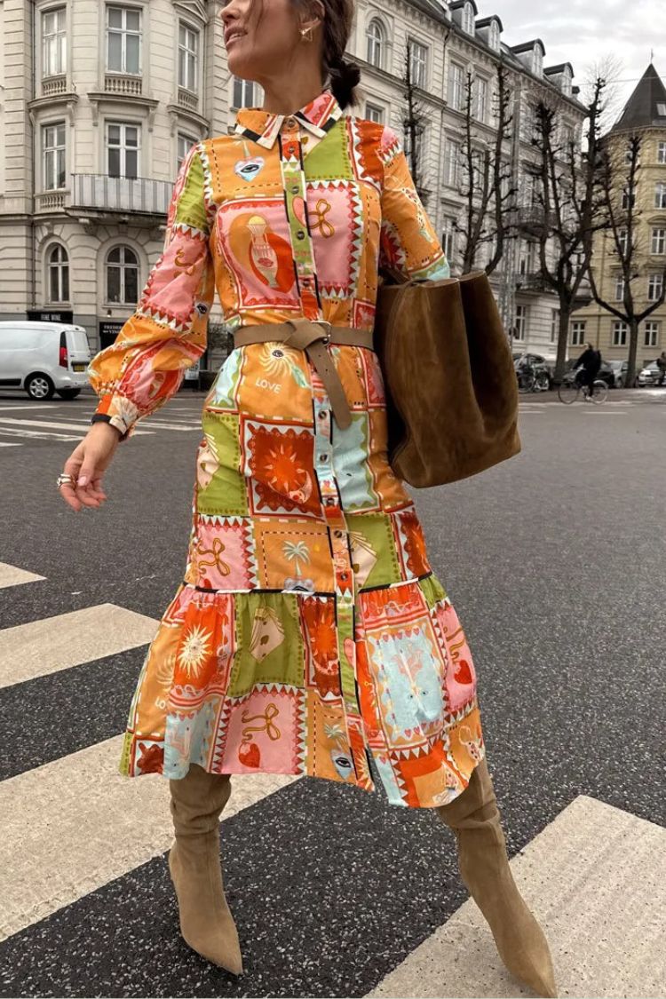 Linen Blend Unique Printed Long Sleeve Lapel Tie-waist Midi Dress - Fashionpara