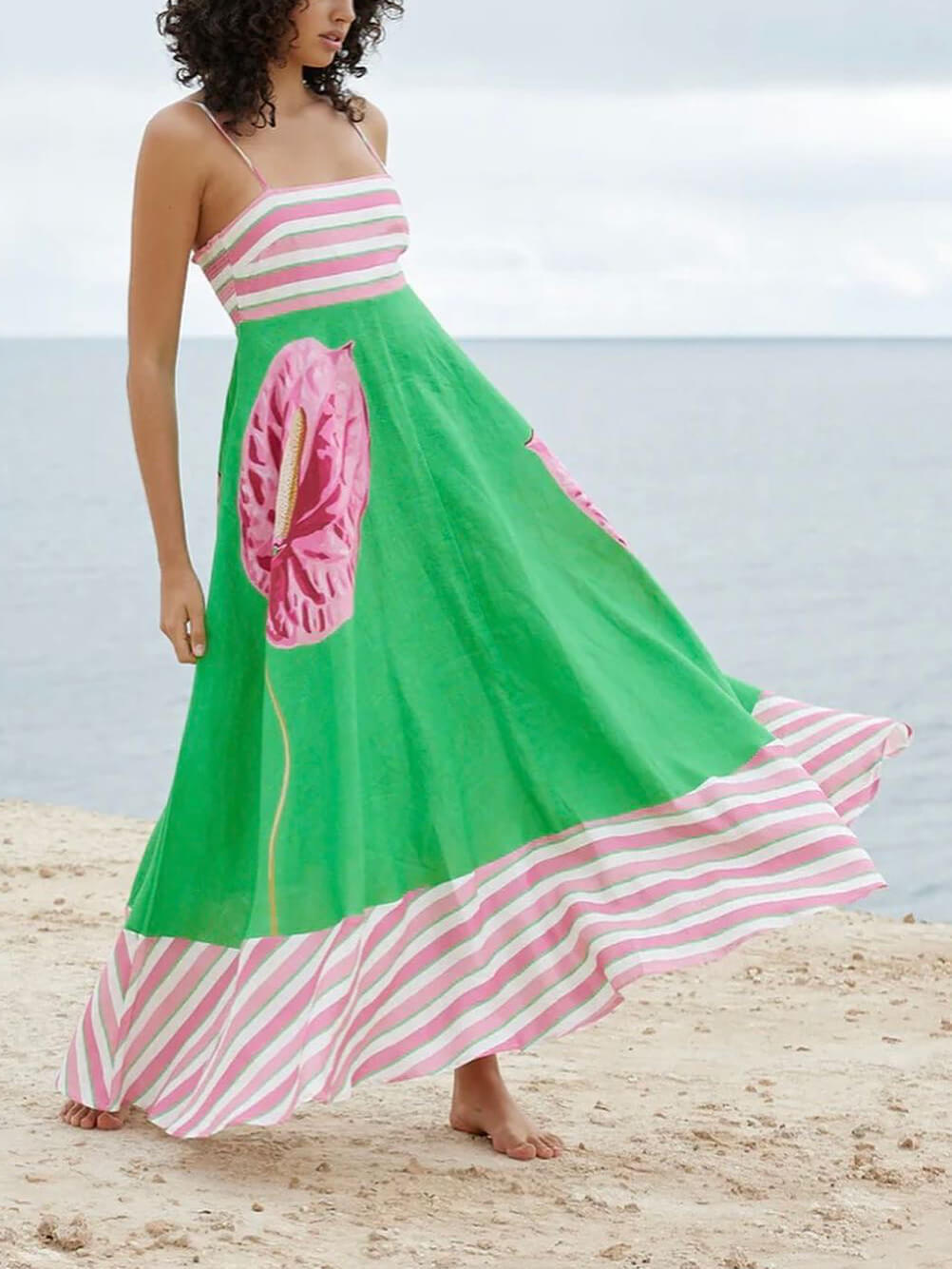 Striped Floral-Panel Straight-Neck Spaghetti-Strap Maxi Dress 7