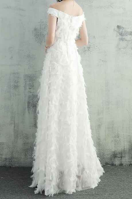 Feather Fringe Off Shoulder A-Line Formal Gown - View 5