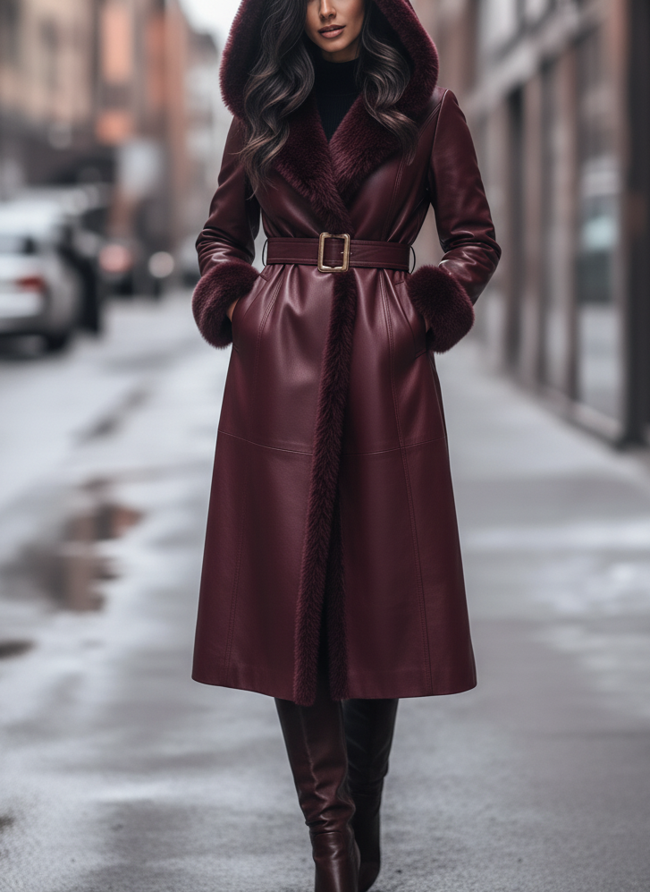 The Elegant Burgundy Leather-Trimmed Coat